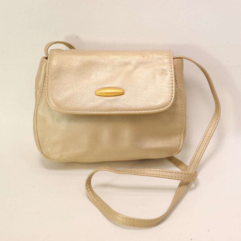 Liz Claiborne Shoulder Handbag Mini Gold Cream Leather Converts to Clutch Bag